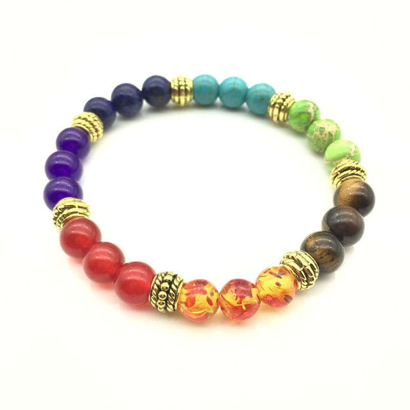 Natural stone chakra energy turquoise beaded bracelet featuring colorful gemstones in deep purple red teal turquoise and golden tiger eye with gold toned metal spacers.