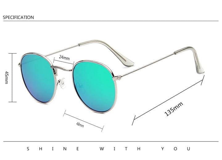 Retro round gold metal mirrored sunglasses featuring round silver frames and vibrant teal mirrored lenses.