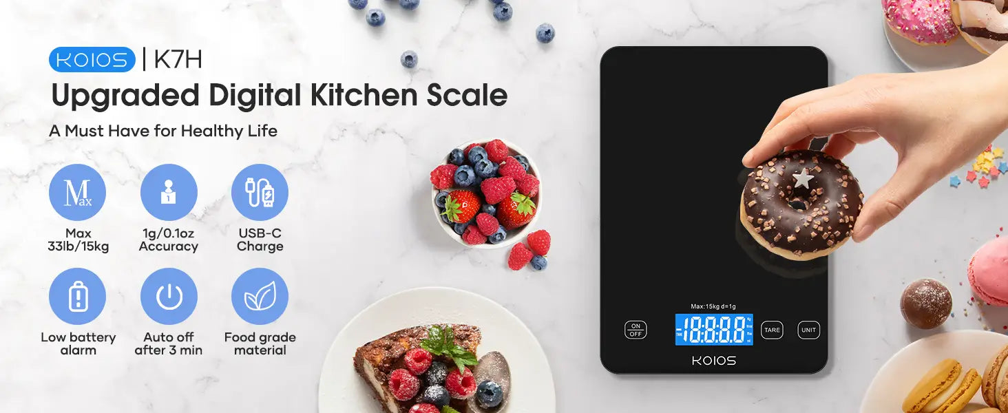 Black digital kitchen scale with sleek modern design and blue LED display for accurate food measurement up to 15kg rechargeable