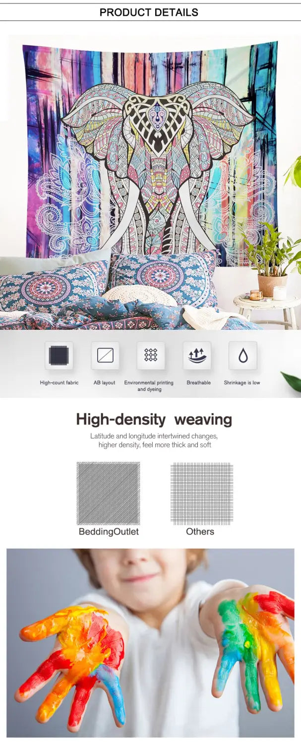Tapiz de elefante vibrante que presenta diseños mandala intrincados y un degradado de color psicodélico, ideal para la decoración bohemia tribal de paredes.