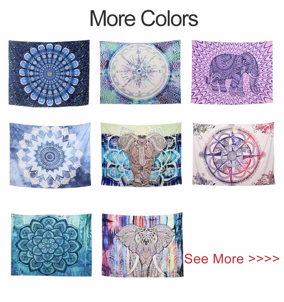 Colección de tapices de elefante coloridos para decoración bohemia tribal de paredes, con mandalas y motivos de elefante intrincadamente diseñados en diversos patrones.