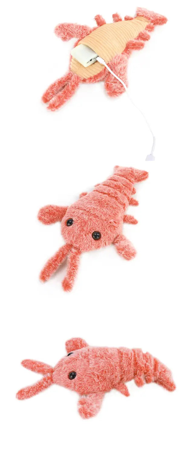 Ein rosa Plüsch-Elektrisch-hüpfendes Hummer-USB-Lade-Katzen-Spielzeug in Form einer Ladestation mit einem tanfarbenen Innengehäuse und schwarzen Knopfaugen