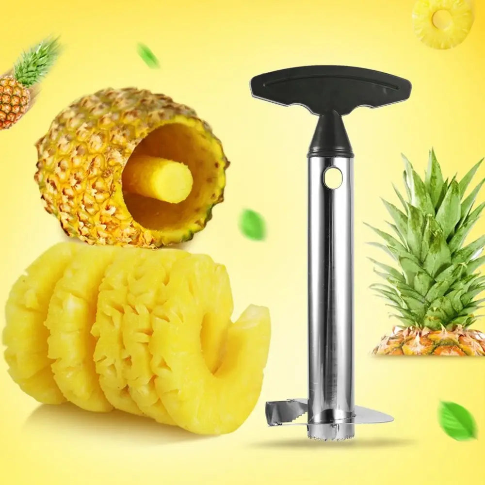 Cortador de piña plateado con mango negro, pelador y herramienta de corte en acero inoxidable para una preparación sencilla de la fruta
