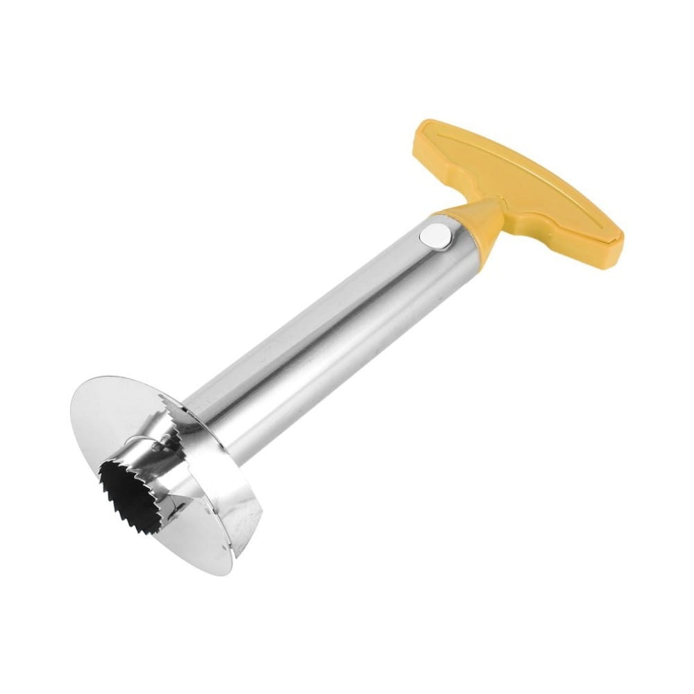 Herramienta de pelar, descorazonar y cortar piña de acero inoxidable con mango amarillo y borde de corte dentado.