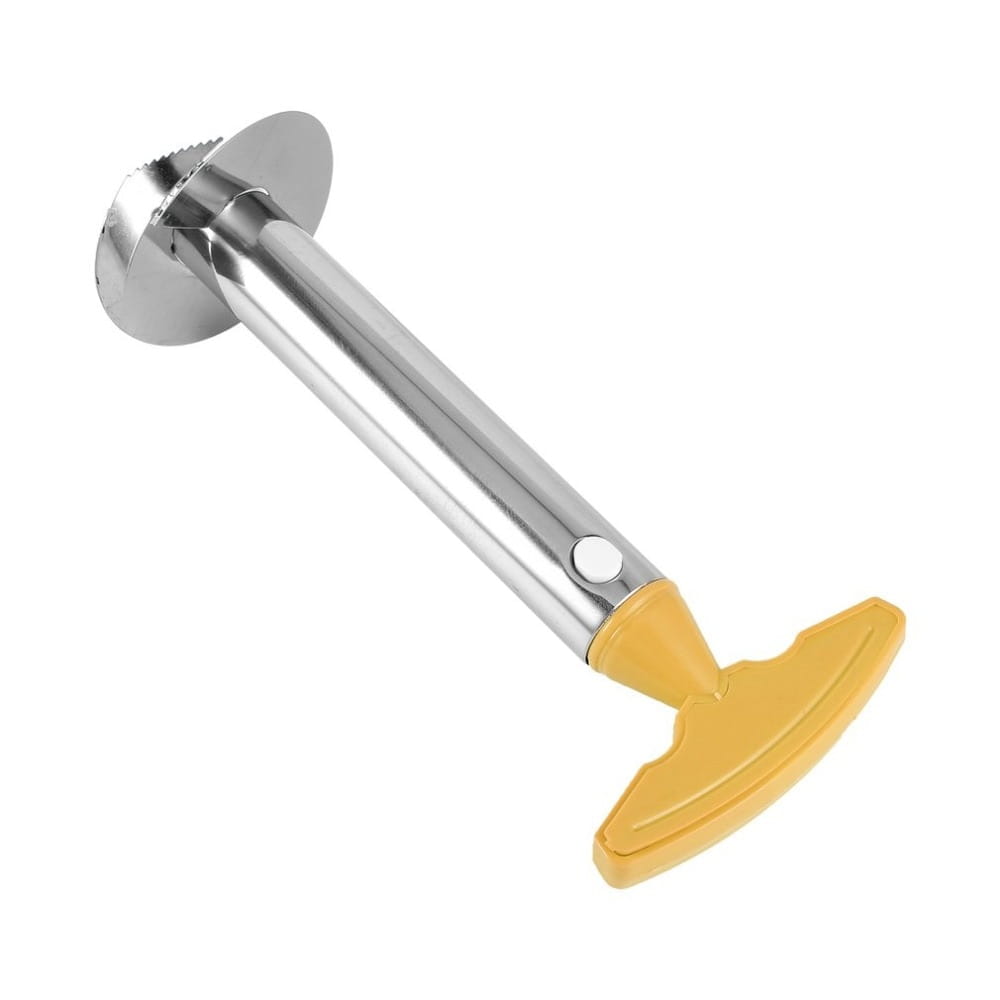 Herramienta elegante de pelar, descorazonar y cortar piña de acero inoxidable con mango ergonómico amarillo brillante y borde de corte dentado.