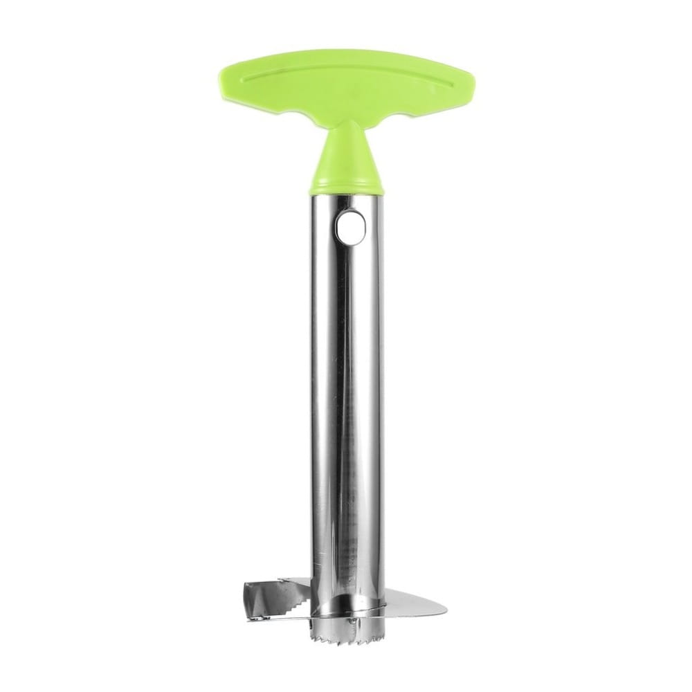 Mango de plástico verde lima brillante sobre una elegante herramienta de pelar, descorazonar y cortar piña de acero inoxidable con hoja de corte dentada.