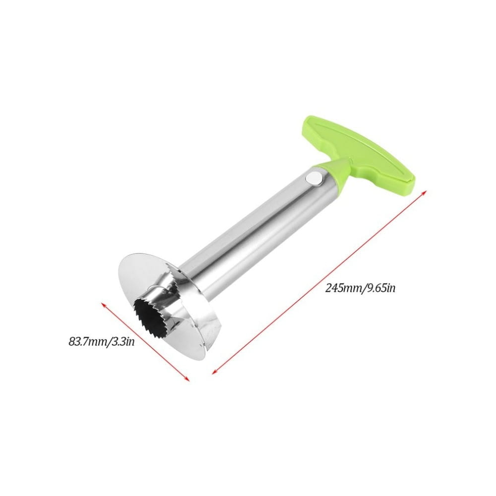 Una elegante herramienta de pelar, descorazonar y cortar piña de acero inoxidable con un mango ergonómico verde lima brillante.