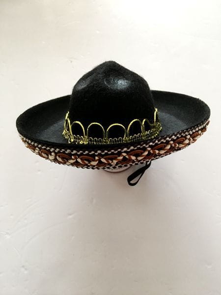 Black felt knitted dog sombrero hat pet costume with gold trim and embroidered band.