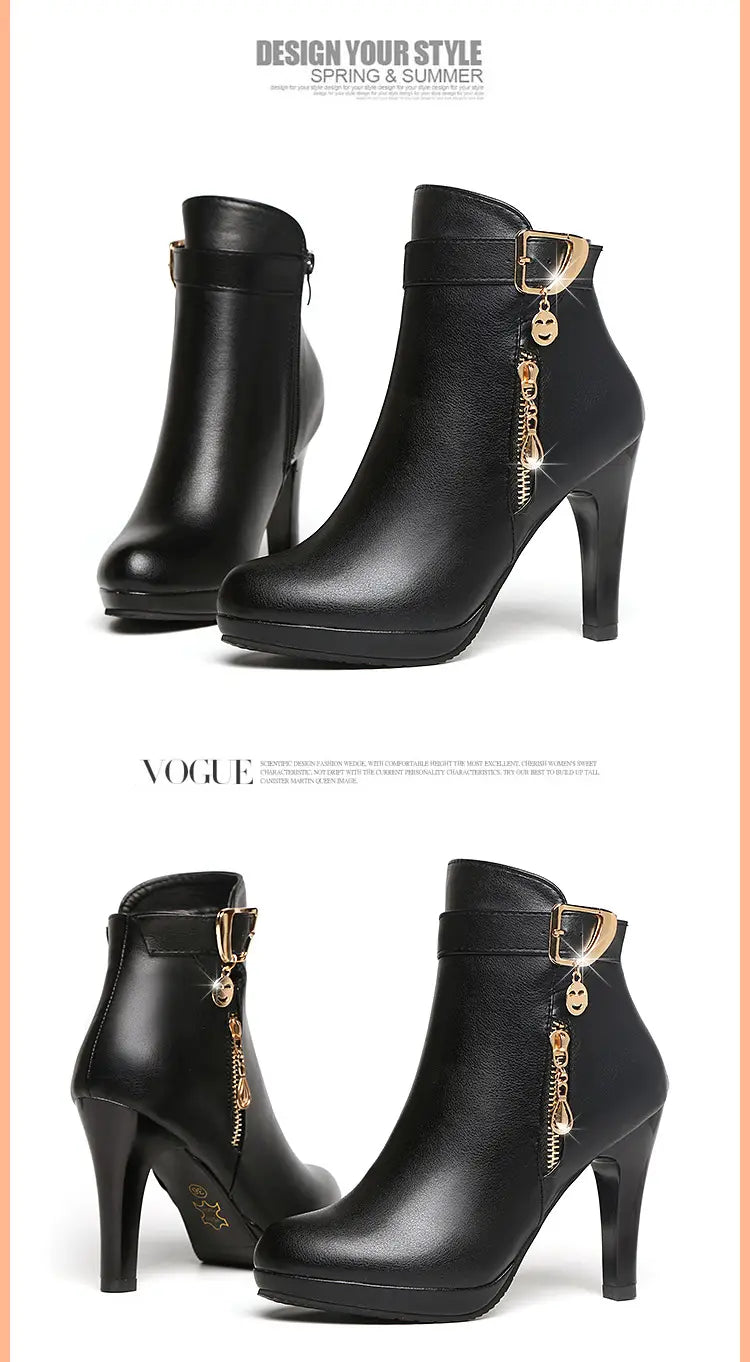 Black leather ankle boots with gold-tone buckles and zipper details featuring a gold buckle heel.