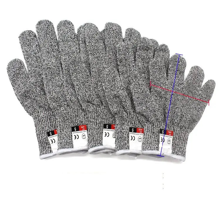 gray textured cut resistant work gloves with reinforced fingertips and white cuffs designed for safety and durability in industrial use