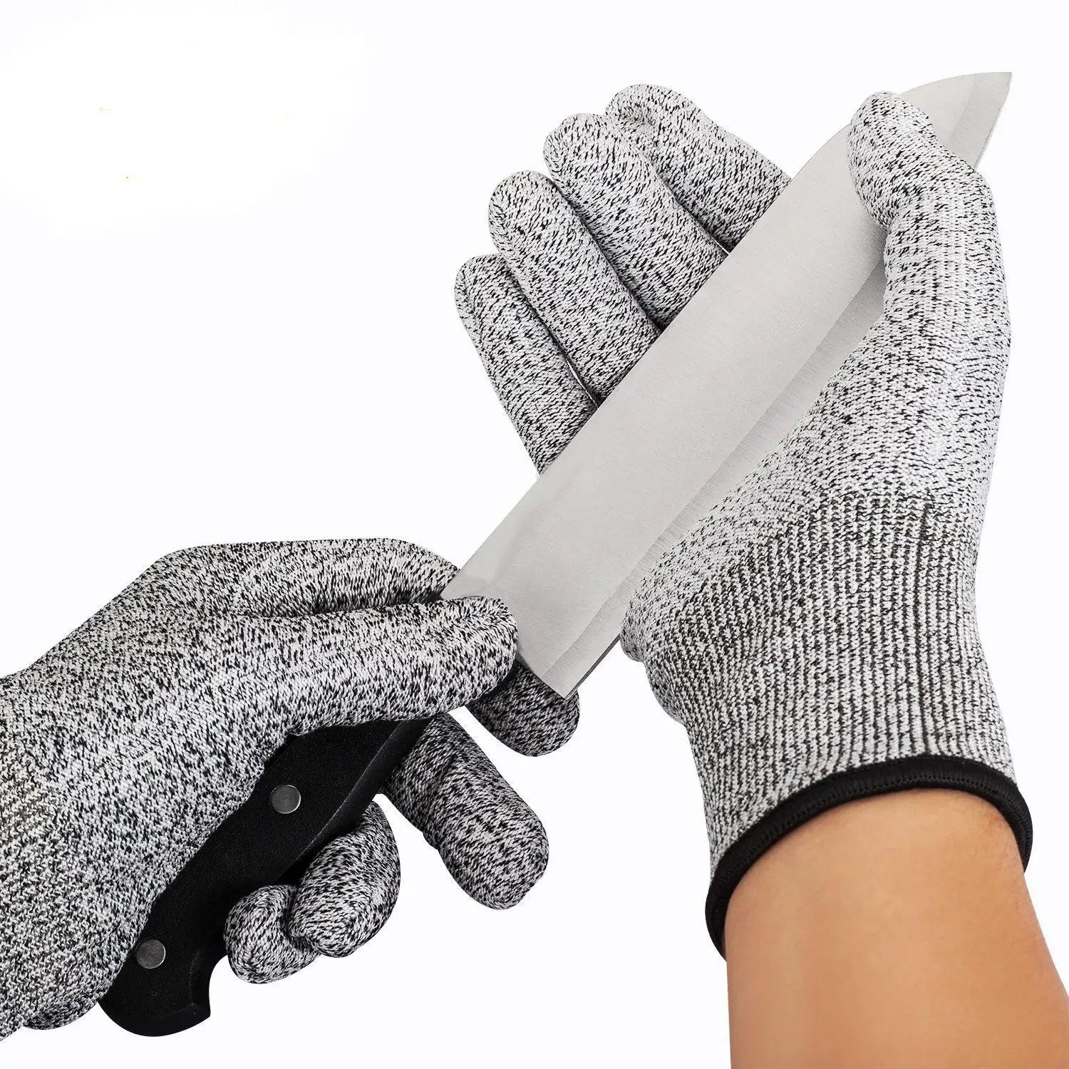 Cut resistant work gloves in gray and white speckled HPPE material with black reinforced cuffs shown from the back side.