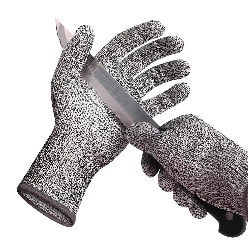 gray and black textured cut resistant hppe safety work gloves with reinforced fingertips designed for knife handling and safety