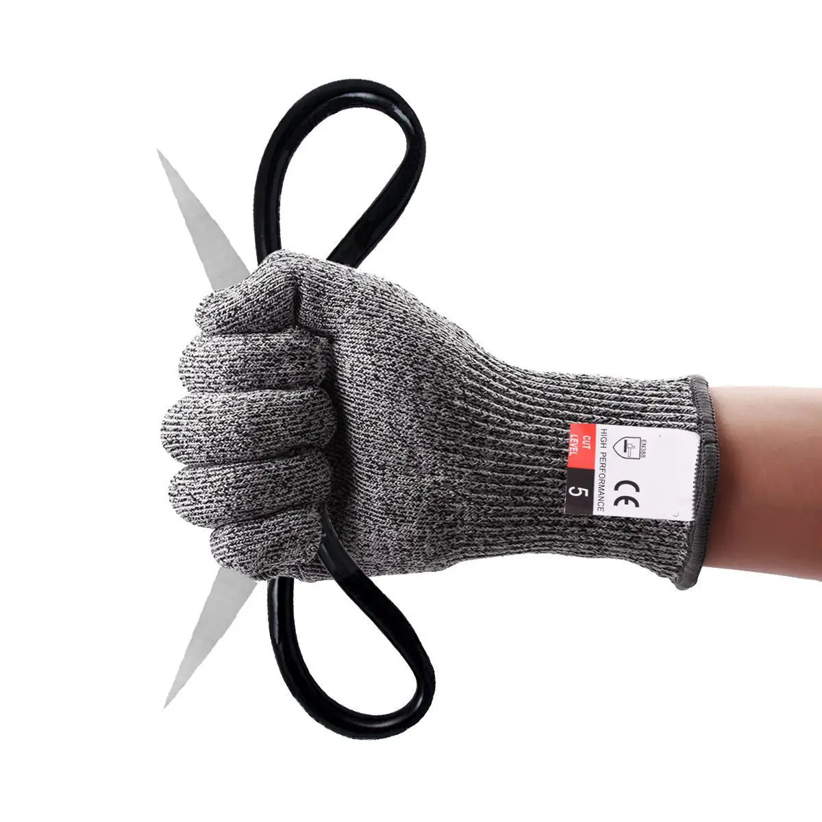 Gray knitted cut resistant work glove with black reinforced wrist strap and red and white high performance label size 5 shown from the back side for hppe safety use.