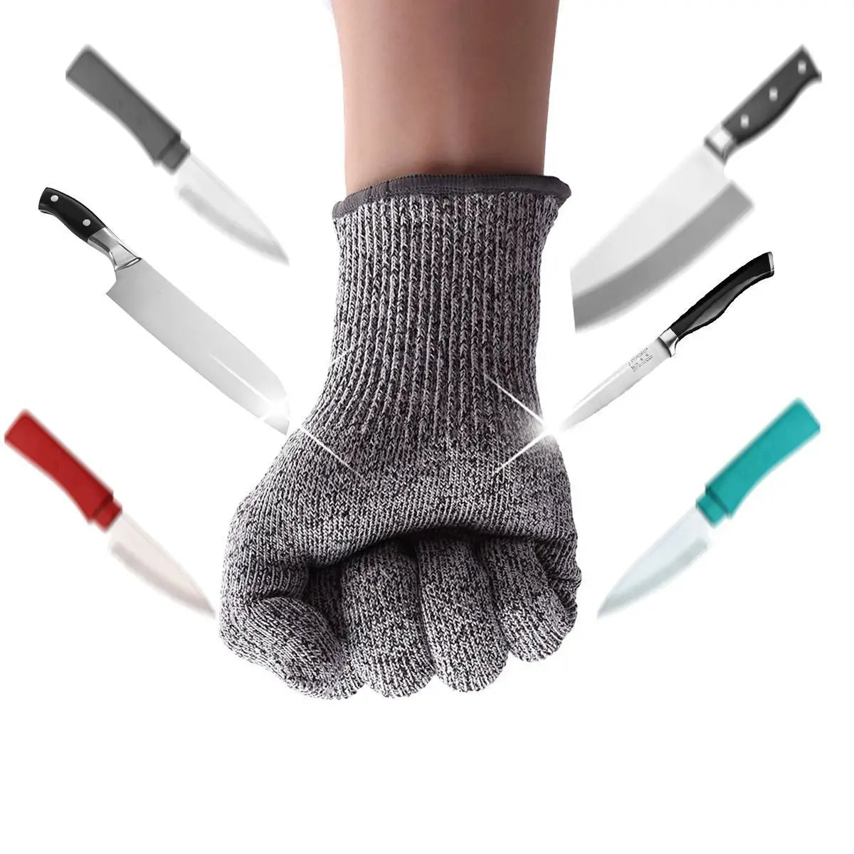 Gray knitted cut-resistant HPPE safety glove worn on hand surrounded by various knives for work protection