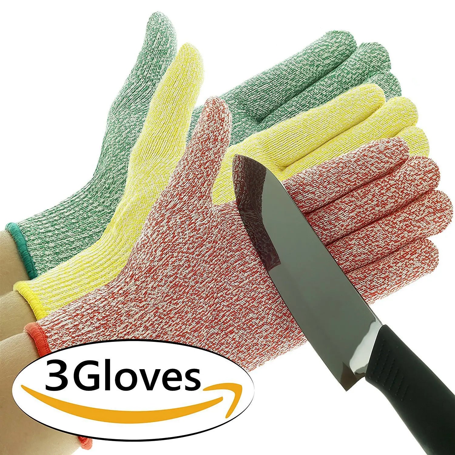 Set of three colorful cut resistant work gloves in green yellow and red made of textured hppe knit fabric for safety and durability.