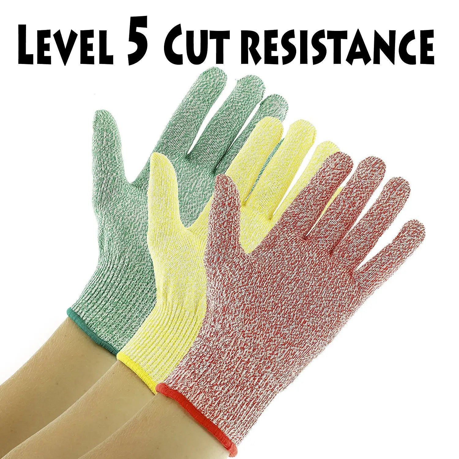 Three pairs of level 5 cut resistant work gloves in green yellow and red featuring textured knitted HPPE safety fabric.