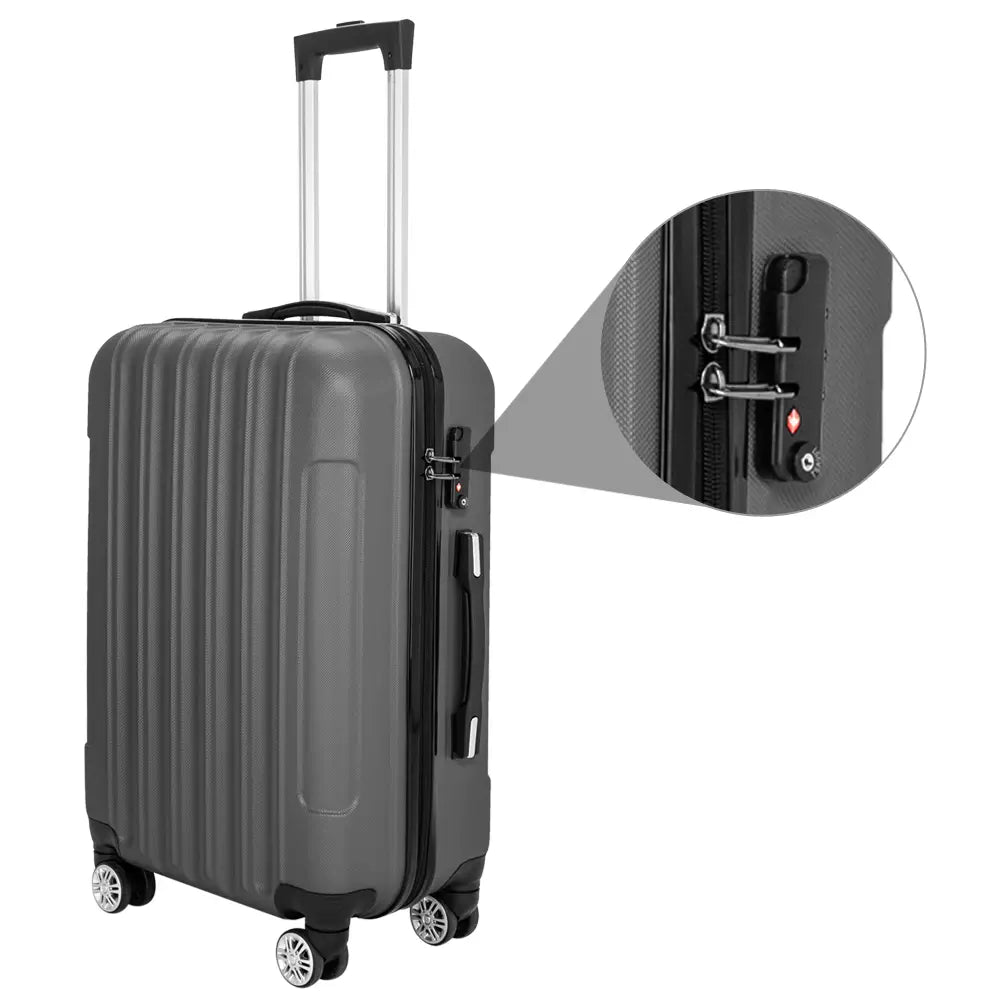 Gray hard-shell suitcase with vertical ribbed texture silver telescoping handle and four spinner wheels from the 3-in-1 dark gray hardshell spinner luggage set.