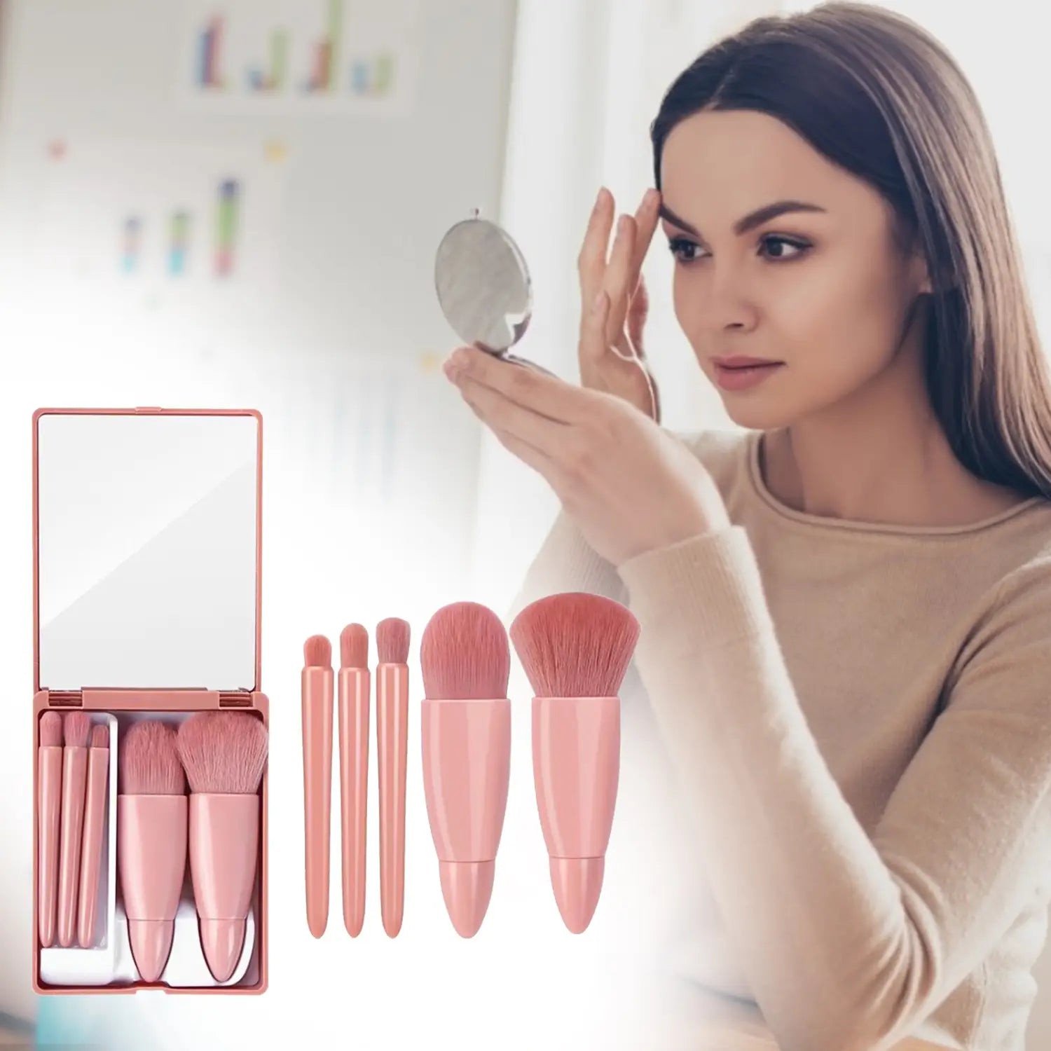 Makeup brush set with mirror 5 piece portable pink kit featuring sleek plastic handles and soft synthetic bristles.