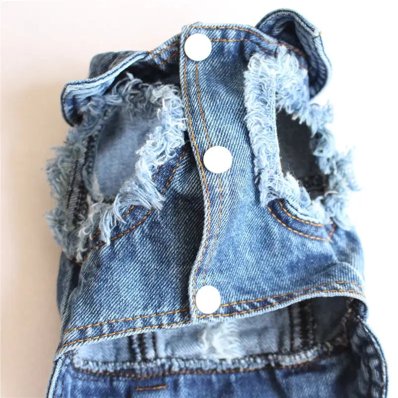 Blue denim dog vest with frayed edges and white buttons featuring strawberry embroidery for puppies.
