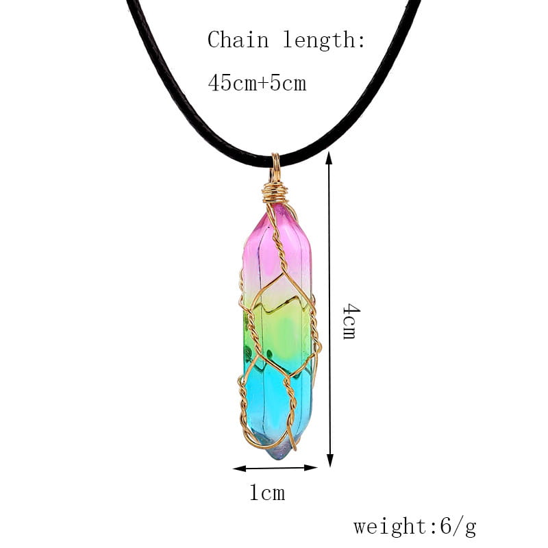 A vibrant gradient-colored rainbow geometric crystal pendant necklace with a gold wire-wrapped design hanging from a black cord.