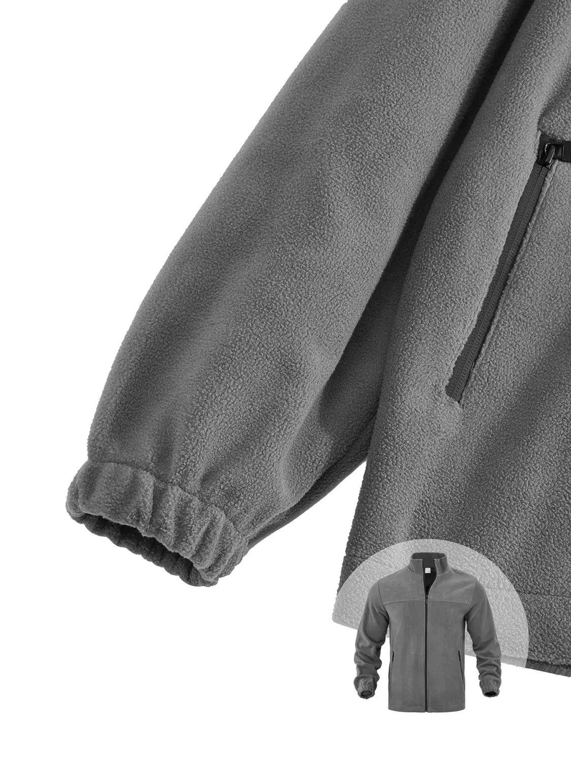 Chaqueta polar para hombre de cierre completo con cuello alto en color gris, con una superficie de textura suave y puños ajustados con elástico.