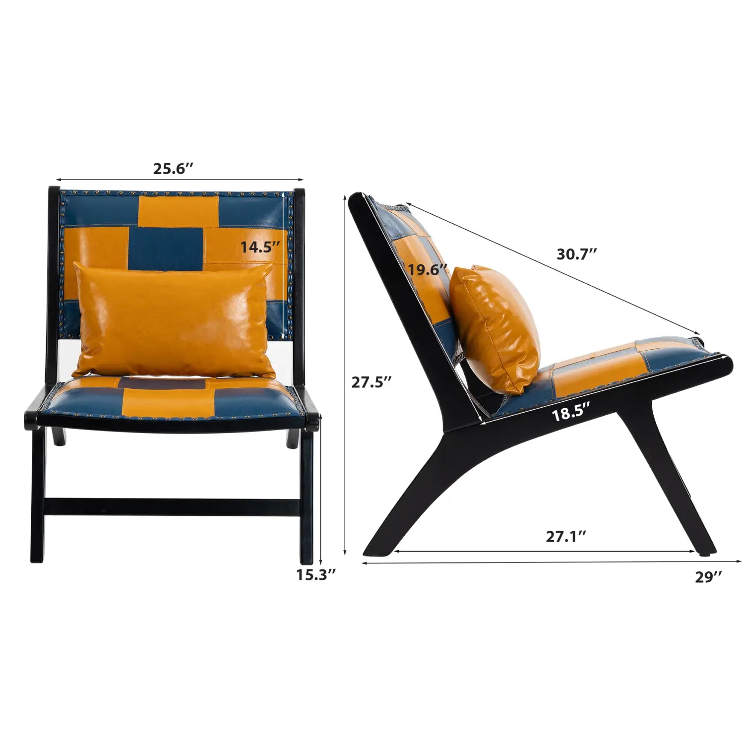 Moderner Boho-Akzent-Sessel mit einem kräftigen Patchwork-Design aus glänzendem Senfgelb und tiefem marineblauem Leder, mit eleganten schwarzen Metallbeinen für die Lounge-Sitzgelegenheit.