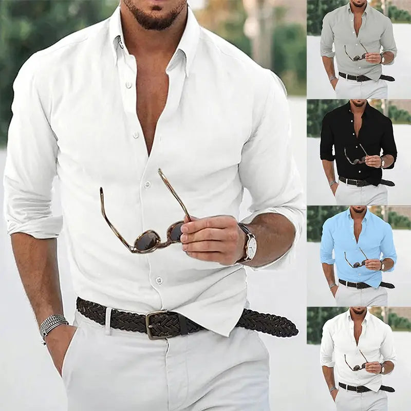 Weißes Herren-Casual-Baumwollhemd mit Knopfleiste, Kurzarm, mit umgeschlagenen Ärmeln und V-Ausschnitt.