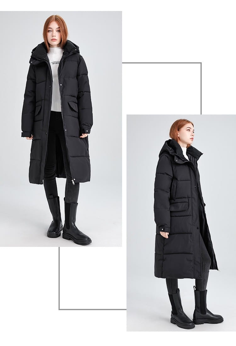 Manteau long matelassé à capuche pour femmes en noir, avec des poches avant, conçu pour femmes