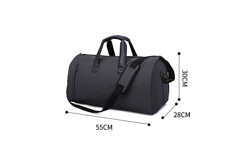 Black convertible garment travel bag with a sleek minimalist design featuring dual top handles, a detachable shoulder strap, reinforced stitching, and a shoe pocket.