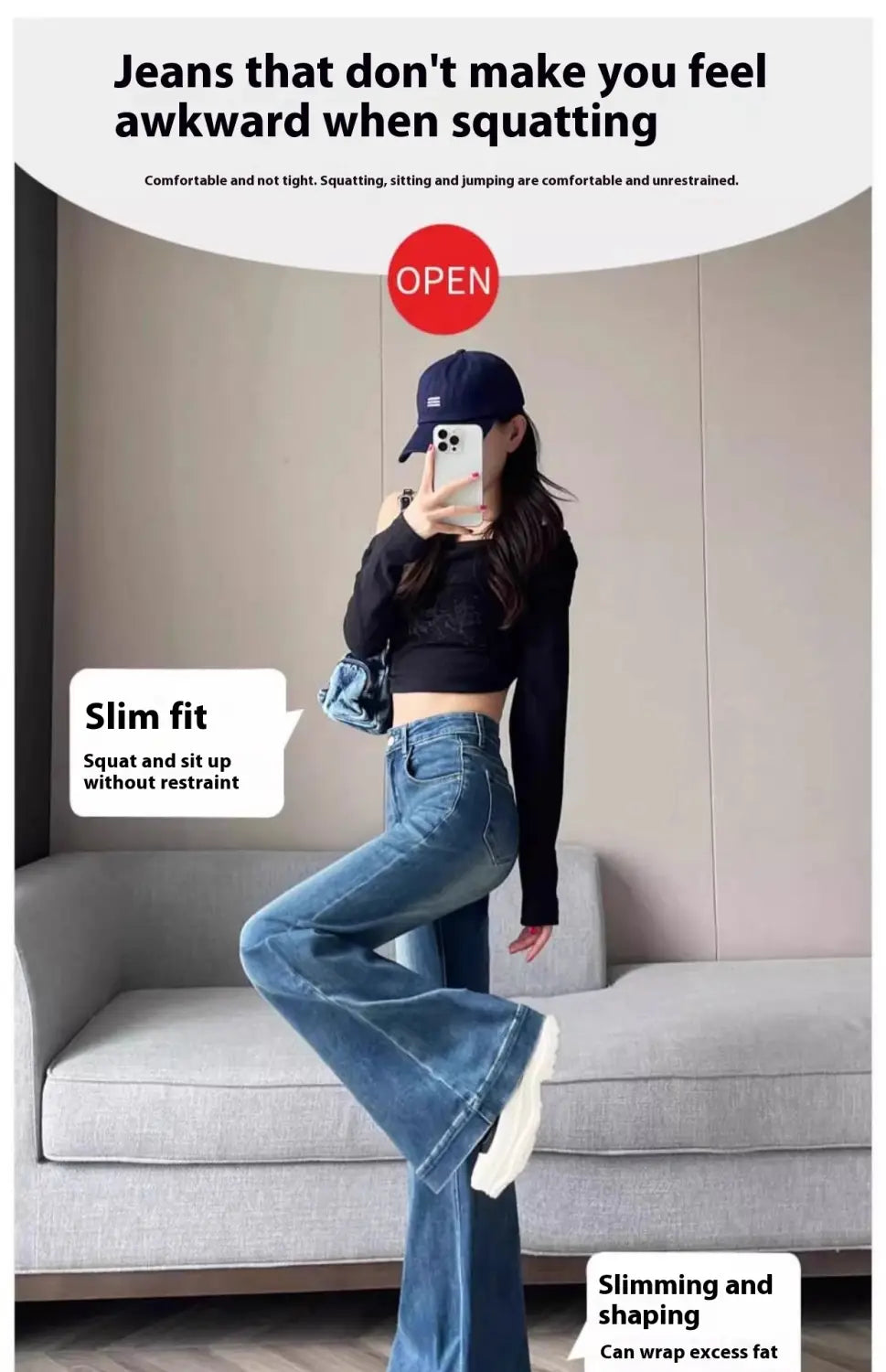 blaue Denim-High-Waist-Flared-Jeans mit schlanker Passform, gefertigt aus robustem Denim-Material