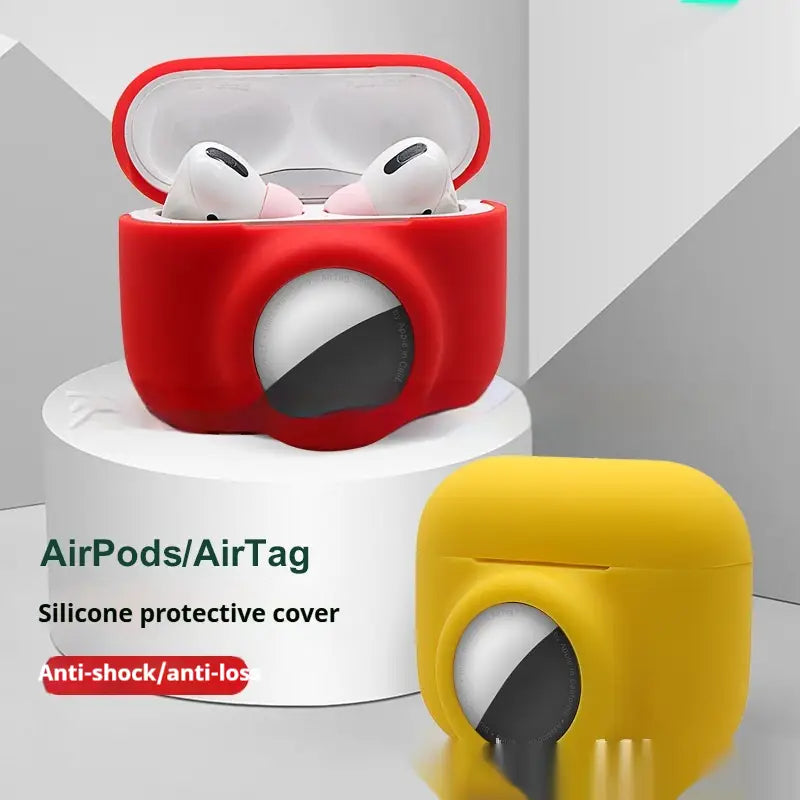 red silicone protective cover for airpods pro shown from the back side designed as an airtag silicone pet collar tracker protective case