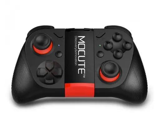 Mocute wireless mobile game controller for Android ios featuring black and red design with textured grips and circular analog sticks for enhanced gameplay.