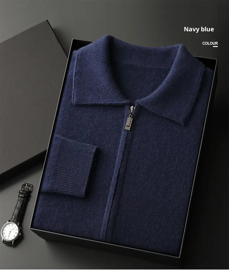 Navy blue men solid color warm knitted cardigan zip jacket featuring a collar and ribbed cuffs.