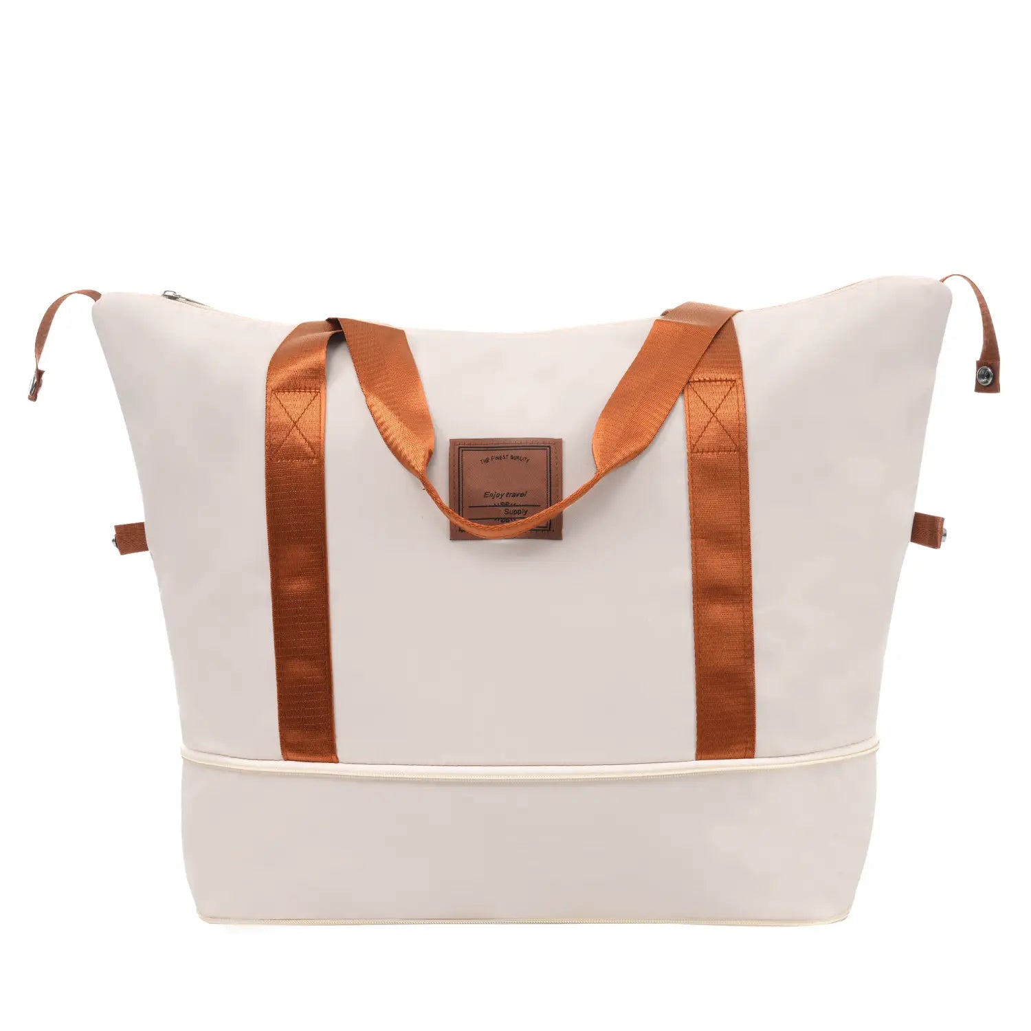 Cream-colored vintage 24 inch hardshell luggage set with tan fabric straps brown leather-like patch and TSA lock in white.
