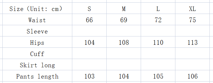 Size chart for men’s retro striped athletic track pants showing women’s pants measurements in centimeters from sizes s to xl.