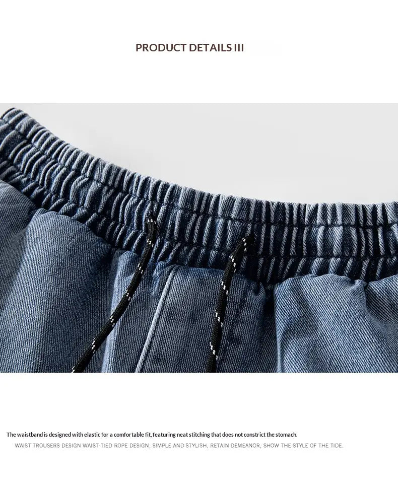 Blue denim cargo shorts light wash streetwear with elastic waistband featuring neat stitching and black drawstrings.