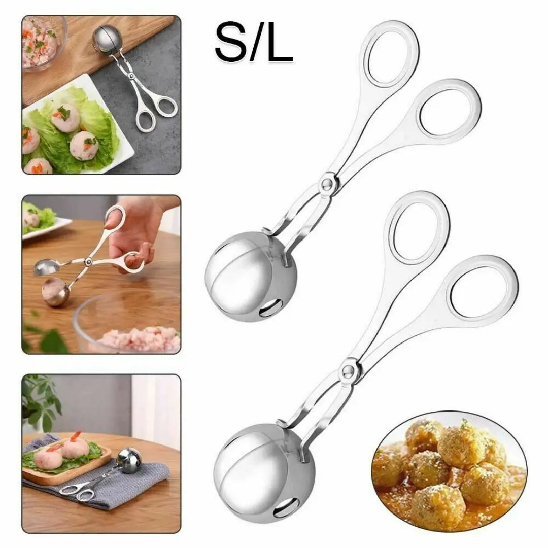 Silver stainless steel ball-shaped meatball maker tongs with handles for easy gripping and precise portioning in the kitchen.