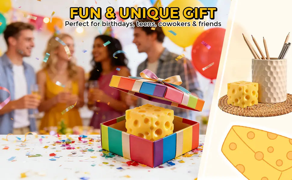 Une boîte-cadeau vibrante à rayures arc-en-ciel, accompagnée d’un ruban coloré, renfermant un jouet antistress en forme de fromage jaune, malléable, à rebond lent, façonné comme un cube de fromage suisse.