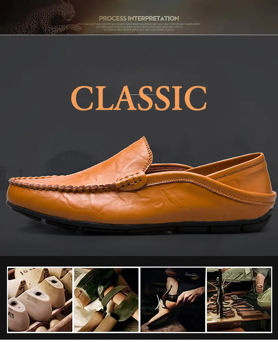 Mocasines tipo alpargata de cuero para hombre, en color camel, con detalles cosidos y suela de goma negra, diseñados como zapatos de conducción casuales.