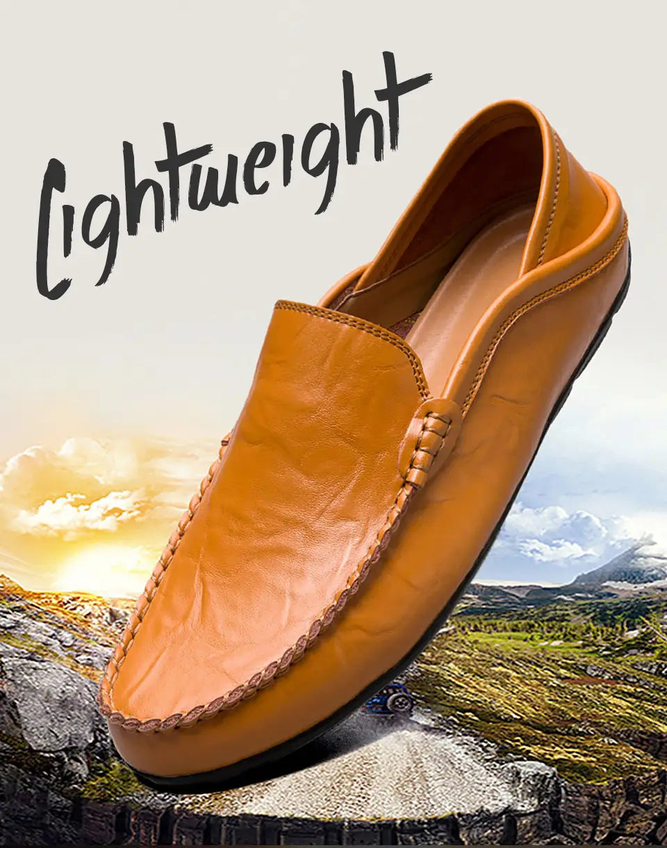 Mocasines tipo alpargata para hombre en color camel, con diseño tipo mocasín cosido y suela de goma negra para zapatos de conducción casuales.
