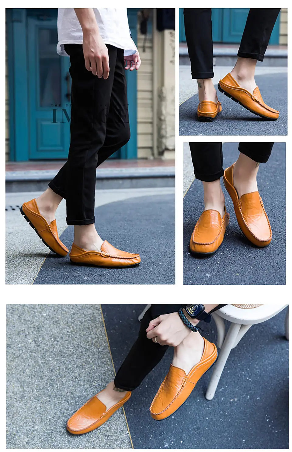 Mocasines tipo alpargata de cuero camel para hombre, con diseño clásico estilo mocasín y costuras visibles, para uso de conducción casual.