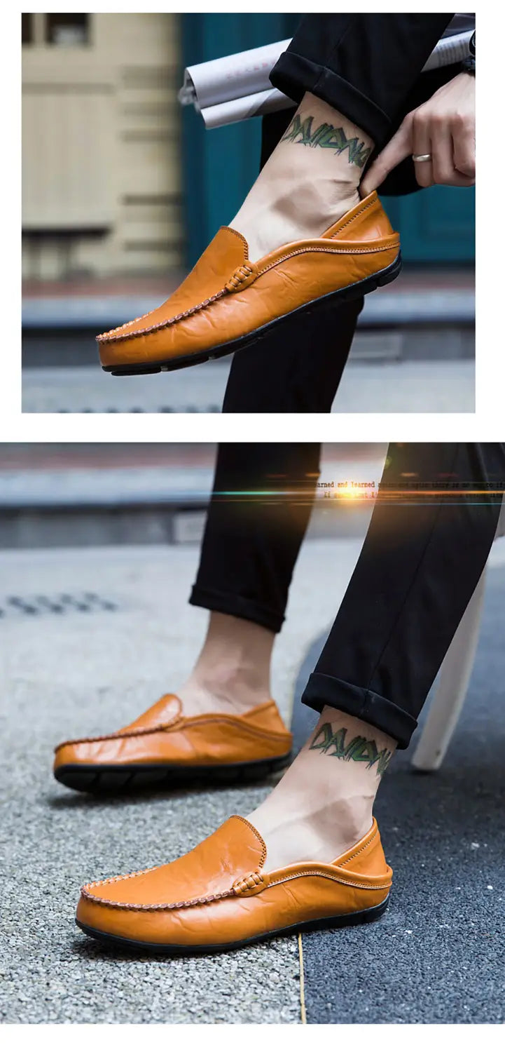 Mocasines tipo alpargata de cuero camel para hombre, con diseño clásico estilo mocasín y suelas de goma negra, para zapatos de conducción casuales.