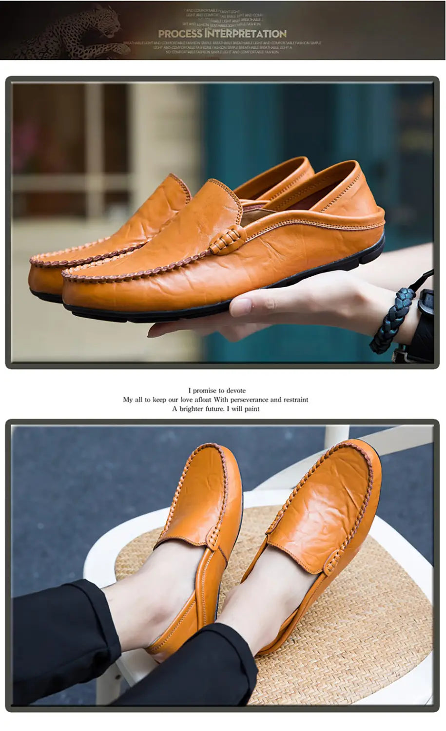 Mocasines tipo alpargata de cuero para hombre, zapatos de conducción casuales, en cuero camel, con detalle cosido a lo largo de la empeine y suelas de goma negra.