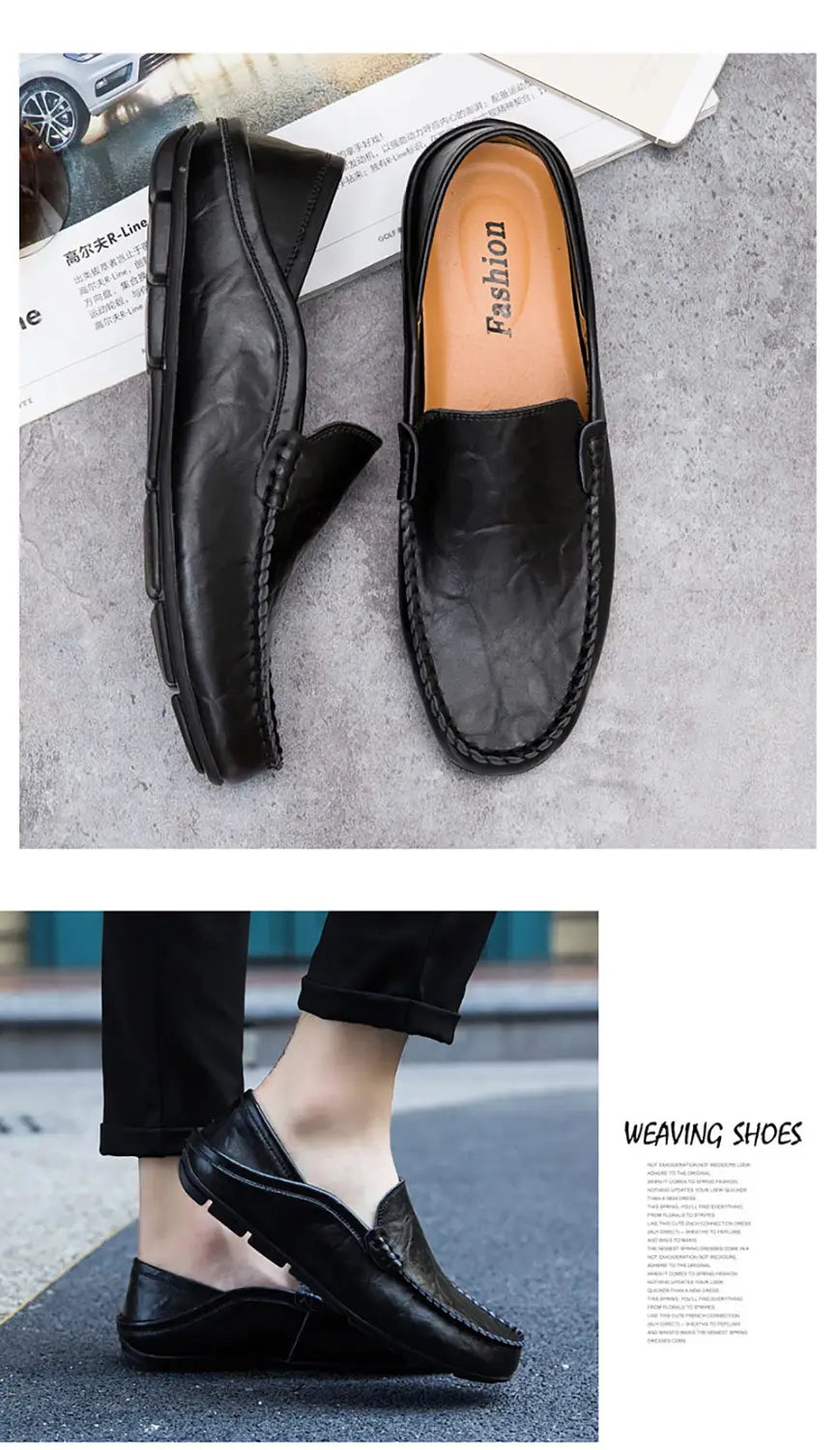 Mocasines tipo alpargata de cuero negro para hombre, con un patrón texturizado sutil y detalles cosidos, diseñados como zapatos de conducción casuales.