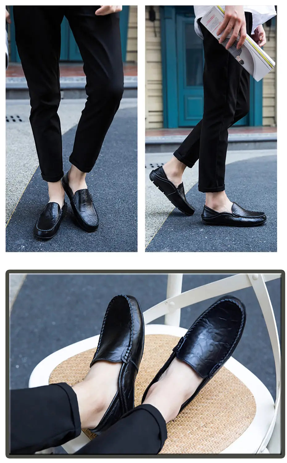 Mocasines tipo alpargata de cuero negro para hombre, con acabado liso y brillante y detalles de costura sutiles, diseñados para un uso de conducción casual.