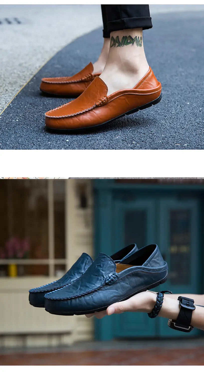 Mocasines tipo alpargata de cuero marrón para hombre, con un diseño clásico tipo alpargata y detalles de costura visibles, para zapatos de conducción casuales.
