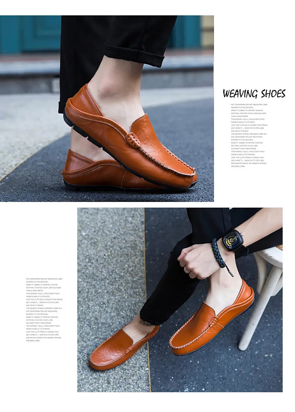 Mocasines tipo alpargata de cuero marrón para hombre, con diseño clásico estilo mocasín y costuras visibles, para un uso de conducción casual.