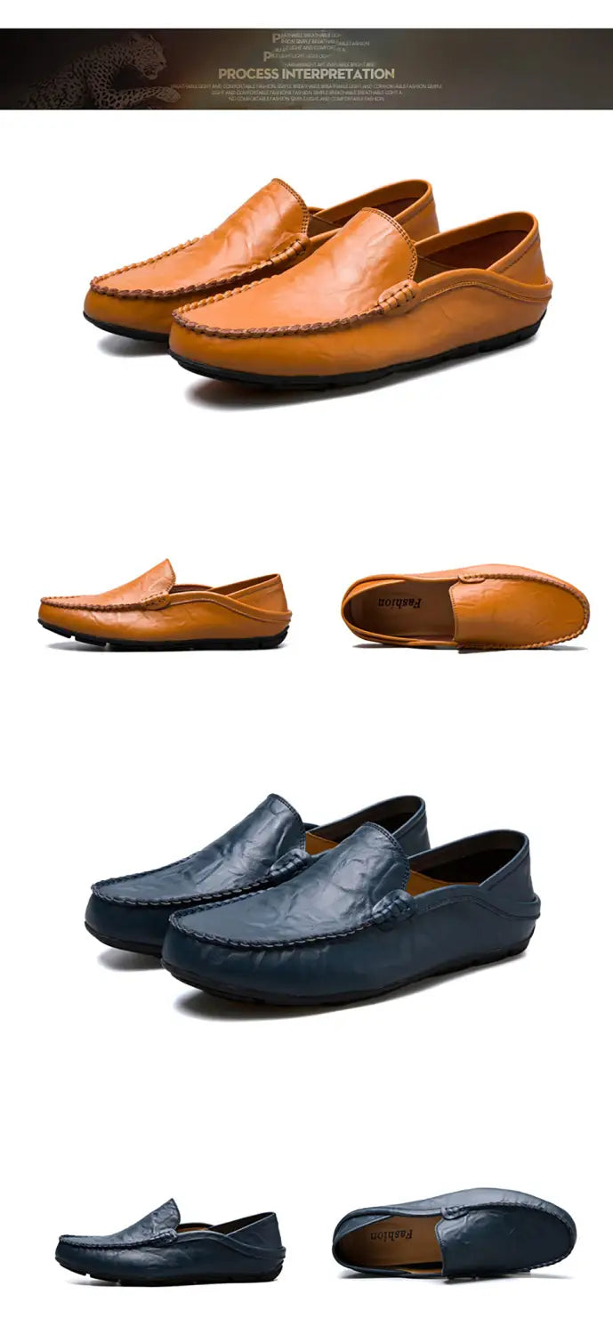 Mocasines tipo alpargata de cuero camel y azul marino para hombre, con un diseño clásico para zapatos de conducción casuales.