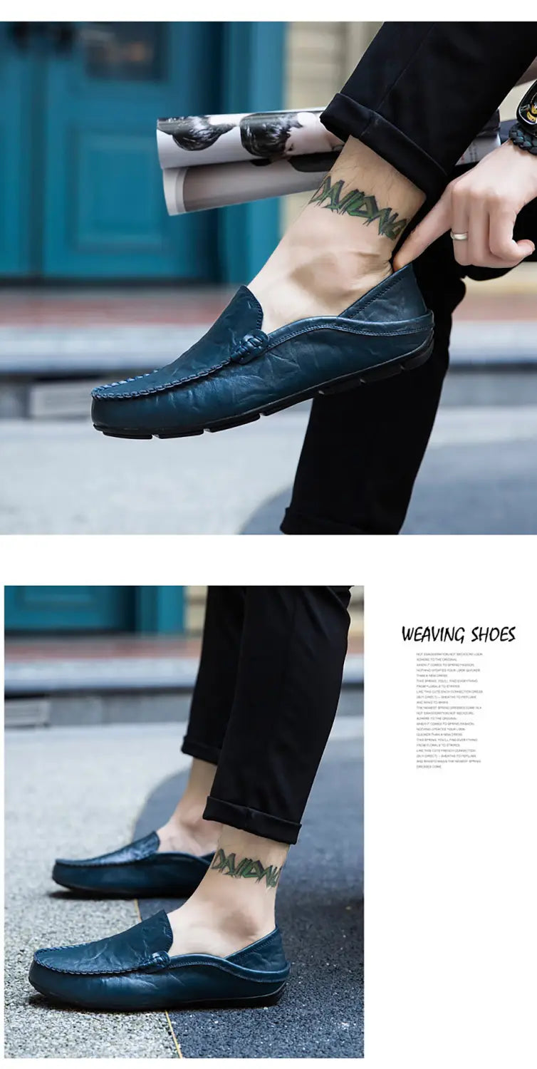 Mocasines tipo alpargata de cuero azul oscuro para hombre, con un diseño clásico adecuado para zapatos de conducción casuales.