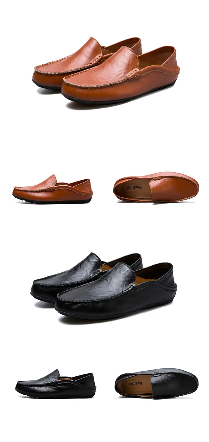 Mocasines tipo alpargata de cuero marrón para hombre, con un diseño clásico de zapato de conducción casual y suelas de goma negra.